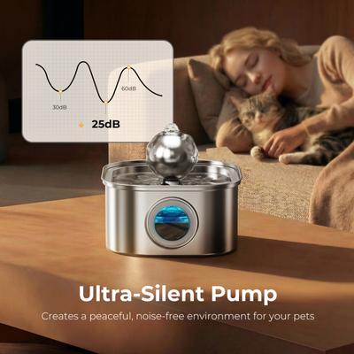 Show full view: HINTON Stainless Steel Advanced Filtration Quiet Pump Water Fountain for Small Dogs & Cats with Spherical Water Spout, Silver, 3.2-L slide 6 of 8