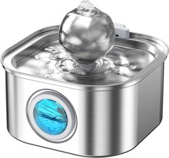 HINTON Stainless Steel Advanced Filtration Quiet Pump Water Fountain for Small Dogs & Cats with Spherical Water Spout, Silver, 3.2-L