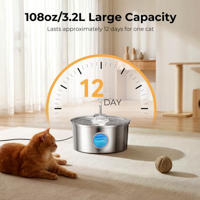 Show full view: HINTON Stainless Steel Circulating Filtration System Ultra-Quiet Cat Water Fountain with Water Spout, Silver, 3.2-L slide 2 of 8