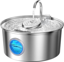 HINTON Stainless Steel Circulating Filtration System Ultra-Quiet Cat Water Fountain with Water Spout, Silver, 3.2-L