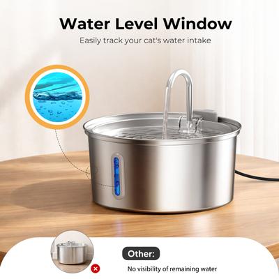 Show full view: HINTON Stainless Steel Automatic Ultra-Quiet Pump Water Fountain for Small Dogs & Cats with Water-Level Window, Silver, 3.2-L slide 4 of 8