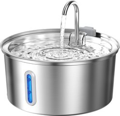 HINTON Stainless Steel Automatic Ultra-Quiet Pump Water Fountain for Small Dogs & Cats with Water-Level Window, Silver, 3.2-L