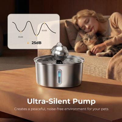 Show full view: HINTON Stainless Steel Water-Level Window Quiet Pump Automatic Circulating Filtration Water Fountain for Small Dogs & Cats with Spherical Spout, Silver, 3.2-L slide 5 of 7