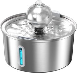 HINTON Stainless Steel Water-Level Window Quiet Pump Automatic Circulating Filtration Water Fountain for Small Dogs & Cats with Spherical Spout, Silver, 3.2-L