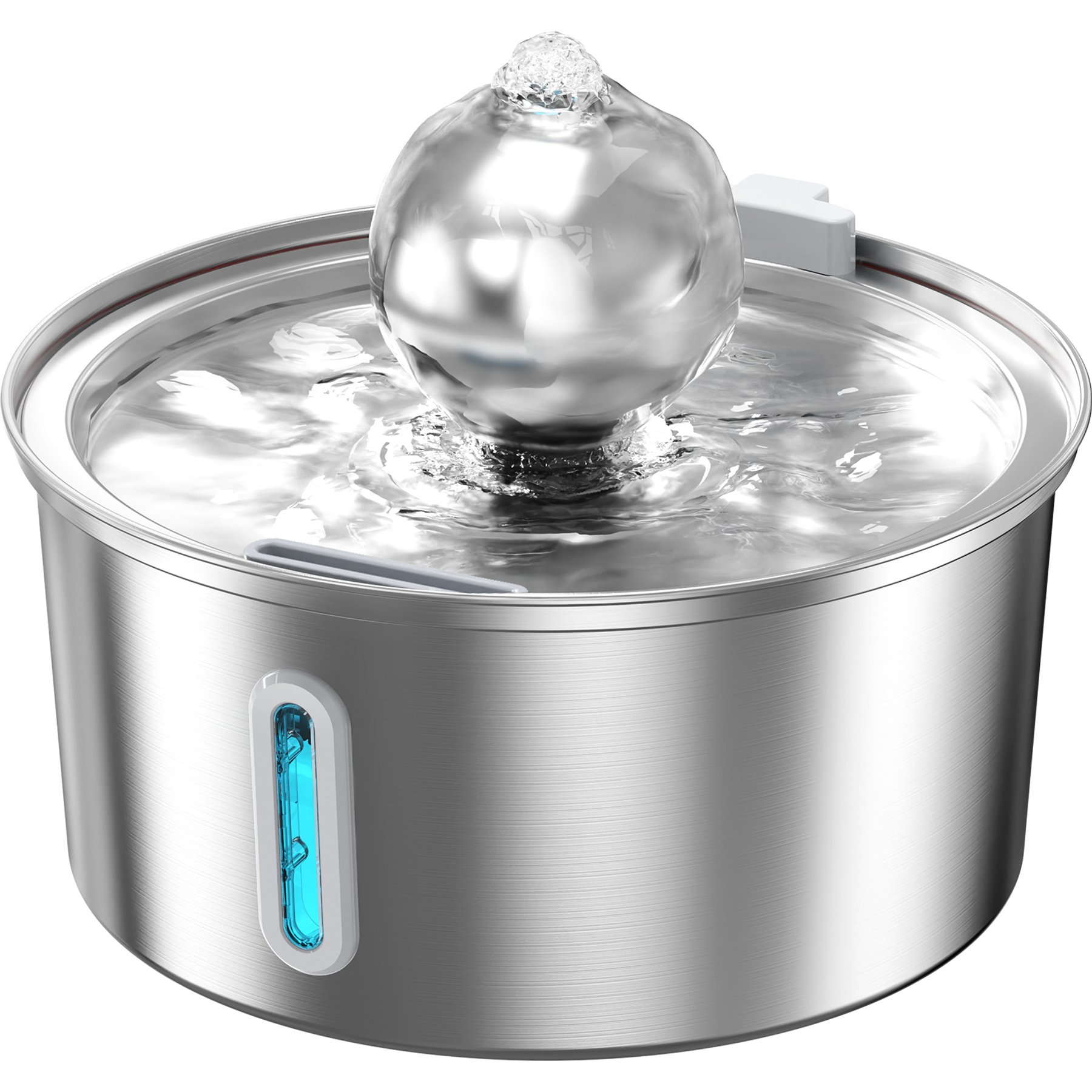 HINTON Stainless Steel Water-Level Window Quiet Pump Automatic Circulating Filtration Water Fountain for Small Dogs & Cats with Spherical Spout, Silver, 3.2-L