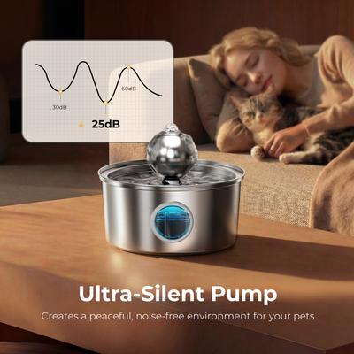 Show full view: HINTON Stainless Steel Ultra-Quiet Pump Cat Water Fountain with Spherical Water Outlet, Silver, 3.2-L slide 6 of 8