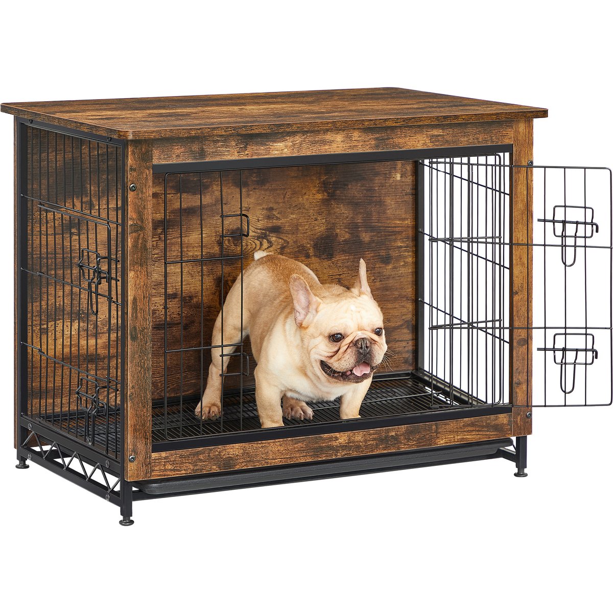 FEANDREA Furniture Style Double Door End Table Dog Crate, 32.5-in, Rustic Brown