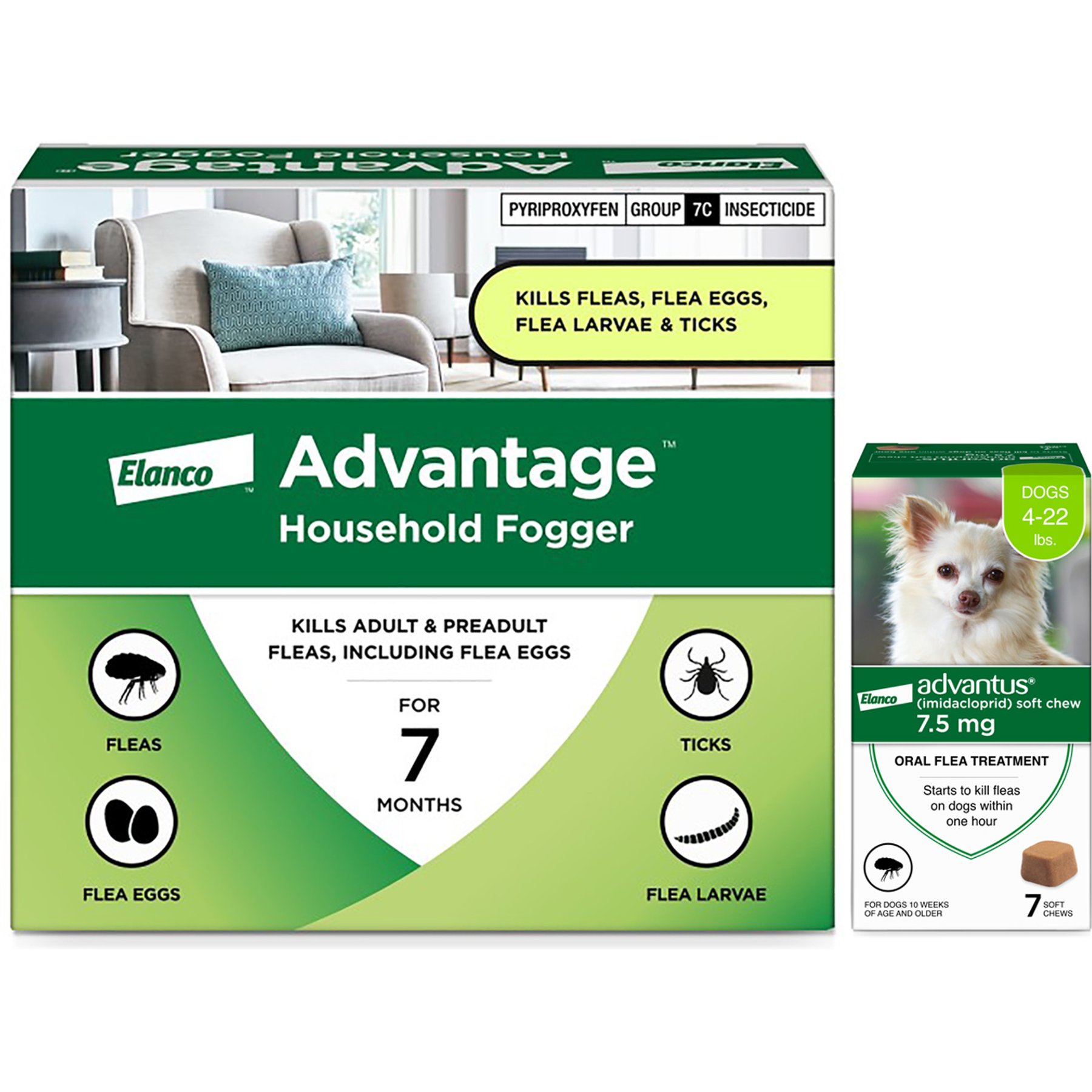 Flea Prevention Kit - Dogs (4-22 lbs) Advantus Soft Chews + Advantage Household Fogger