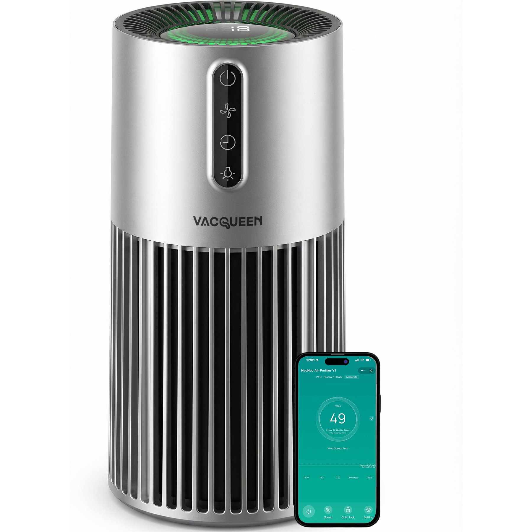 Vacqueen HEPA Washable Pre-Filter Smart Air Purifier for Pets, 7.56 x 7.56 x 14.65-in, Silver