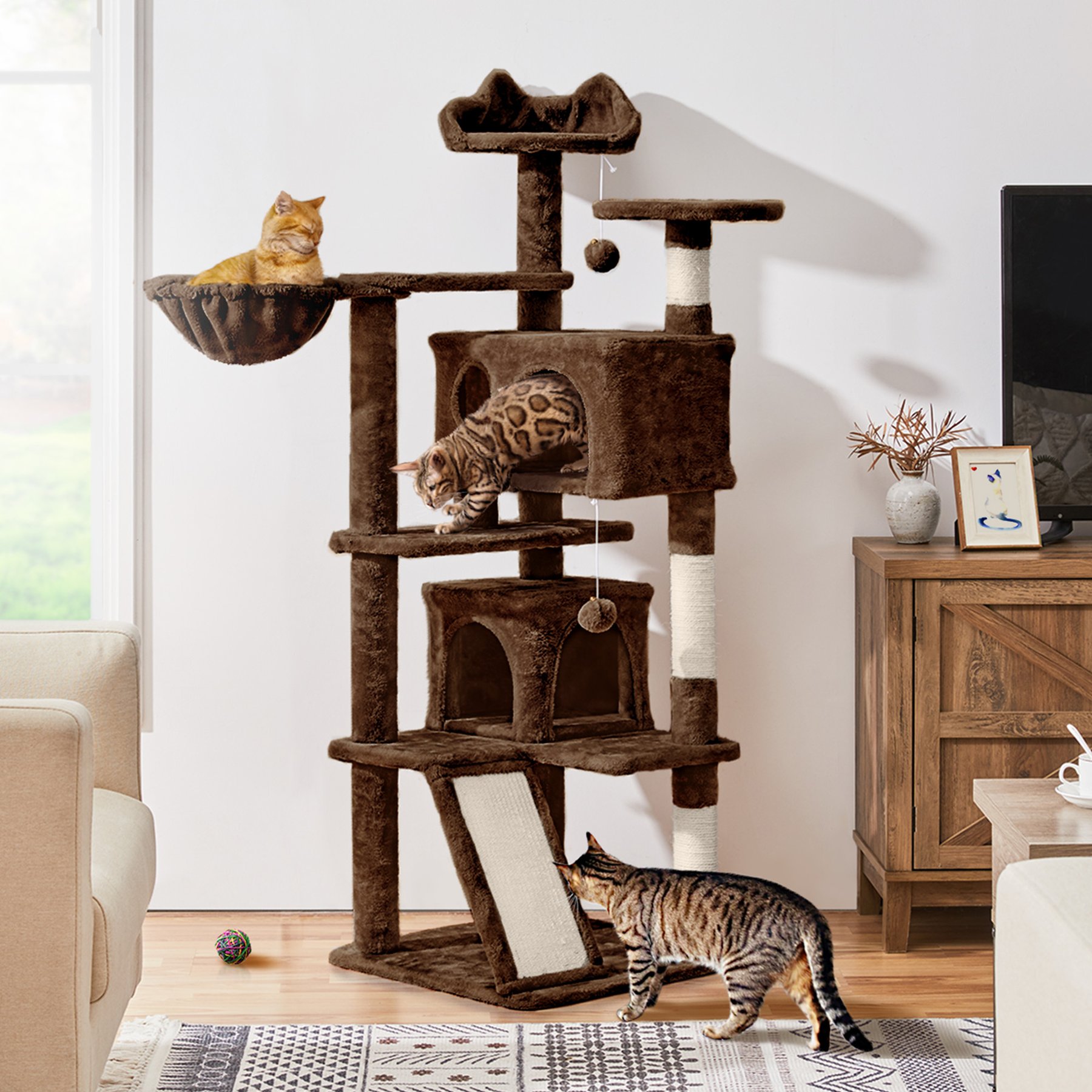 Yaheetech 57-in Plush Cat Tree & Condo, Brown