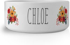 PGS Floral Name Floral Small Pet Bowl, Black/White/Pink/Blue/Orange, 7 x 2 7/8-in