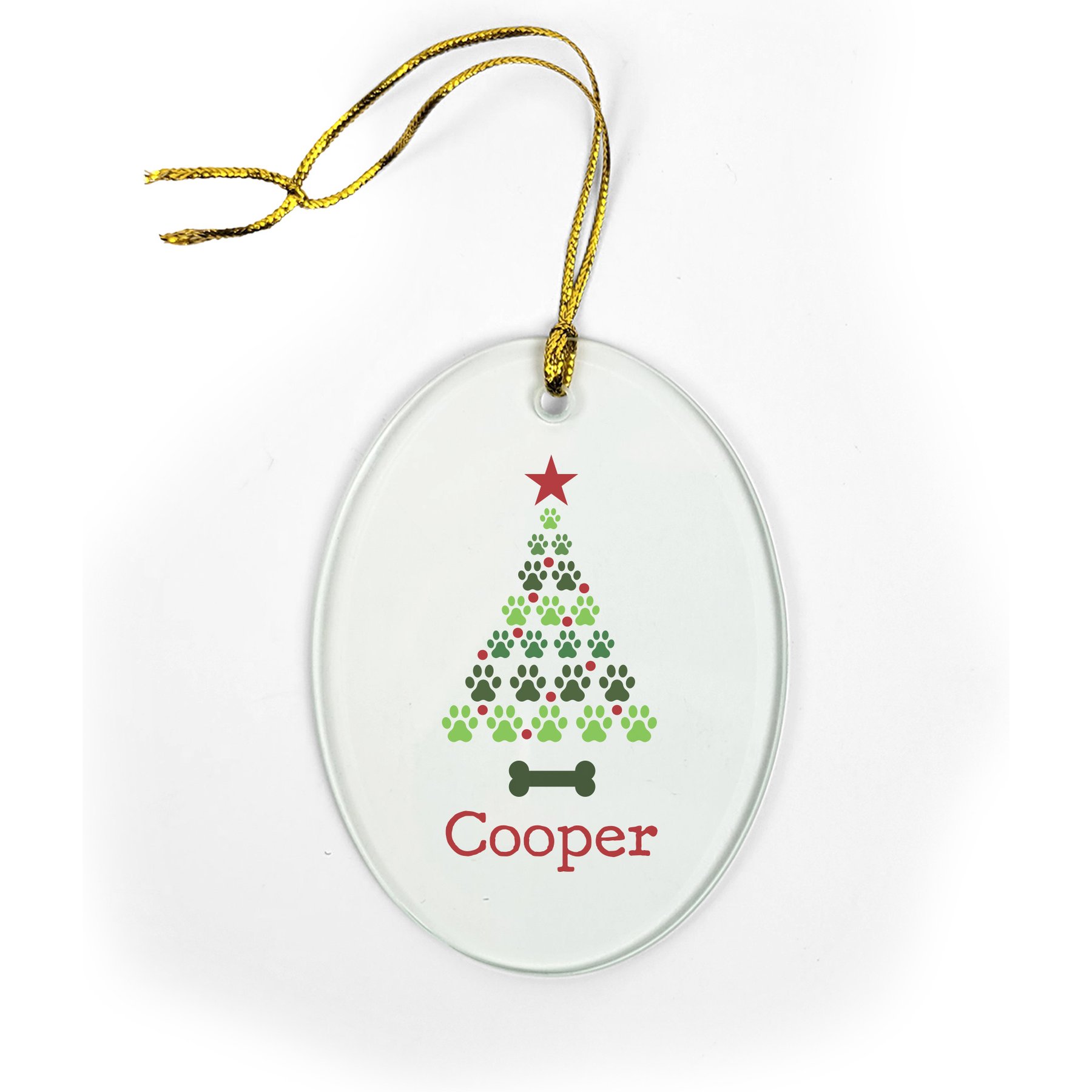 PGS Christmas Tree Paws Jade Glass Oval Ornament, Green/Red, 3.75 x 2.75-in