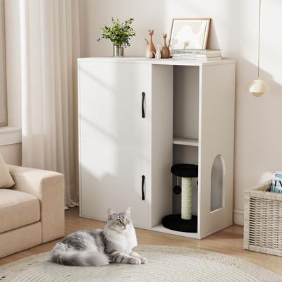 Show full view: Yafylly Modern Indoor House Hidden Two Cat Litter Box Enclosure with Scratching Post & Double Room, White slide 2 of 8