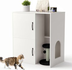 Yafylly Modern Indoor House Hidden Two Cat Litter Box Enclosure with Scratching Post & Double Room, White