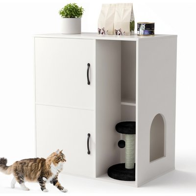 Yafylly Yafylly Modern Indoor House Hidden Two Cat Litter Box Enclosure with Scratching Post & Double Room, White