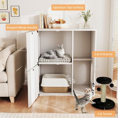 Show full view: Yafylly Modern Indoor House Hidden Two Cat Litter Box Enclosure with Scratching Post & Double Room, White slide 5 of 8