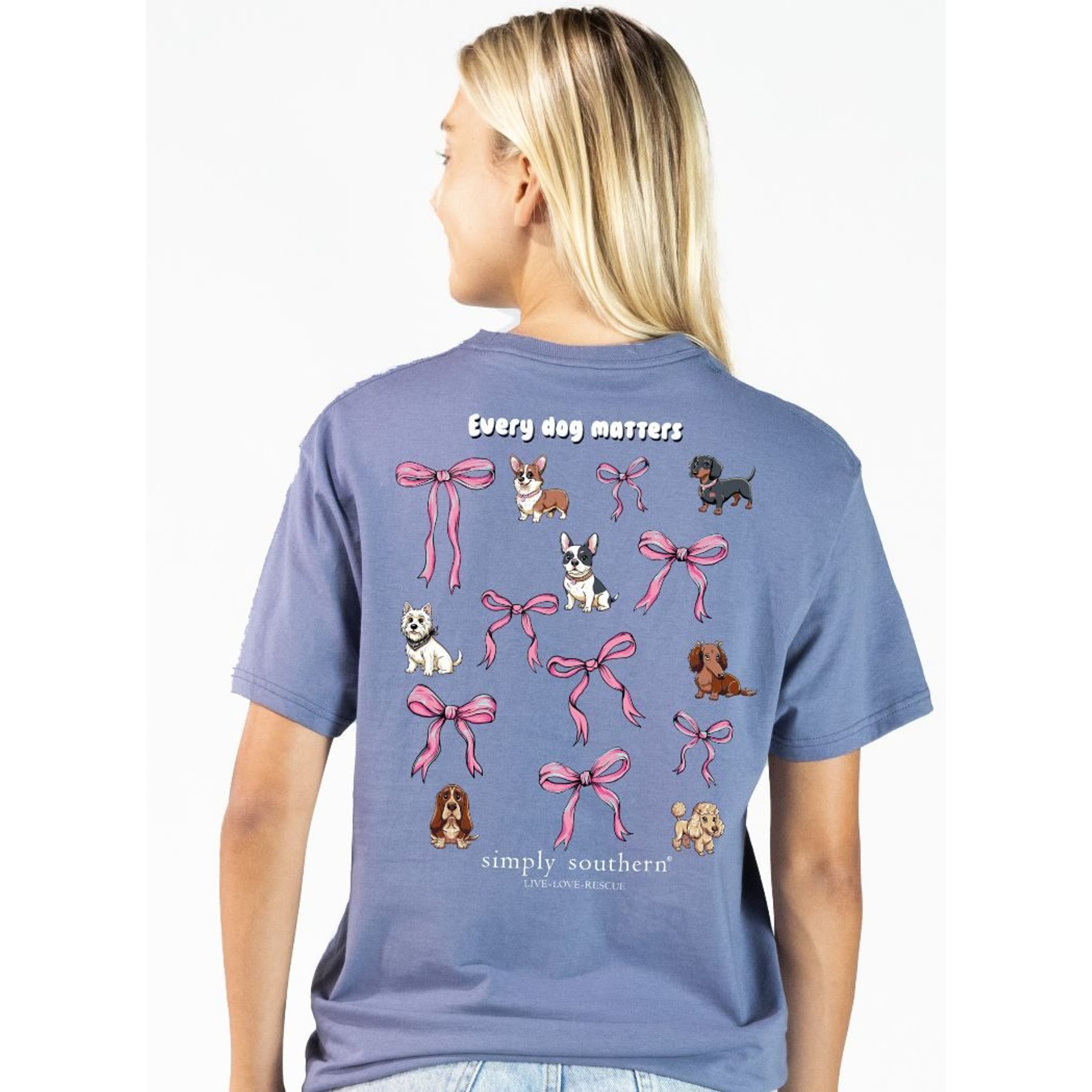 Simply Southern Dog & Bow Array Tee, Denim Blue, Medium