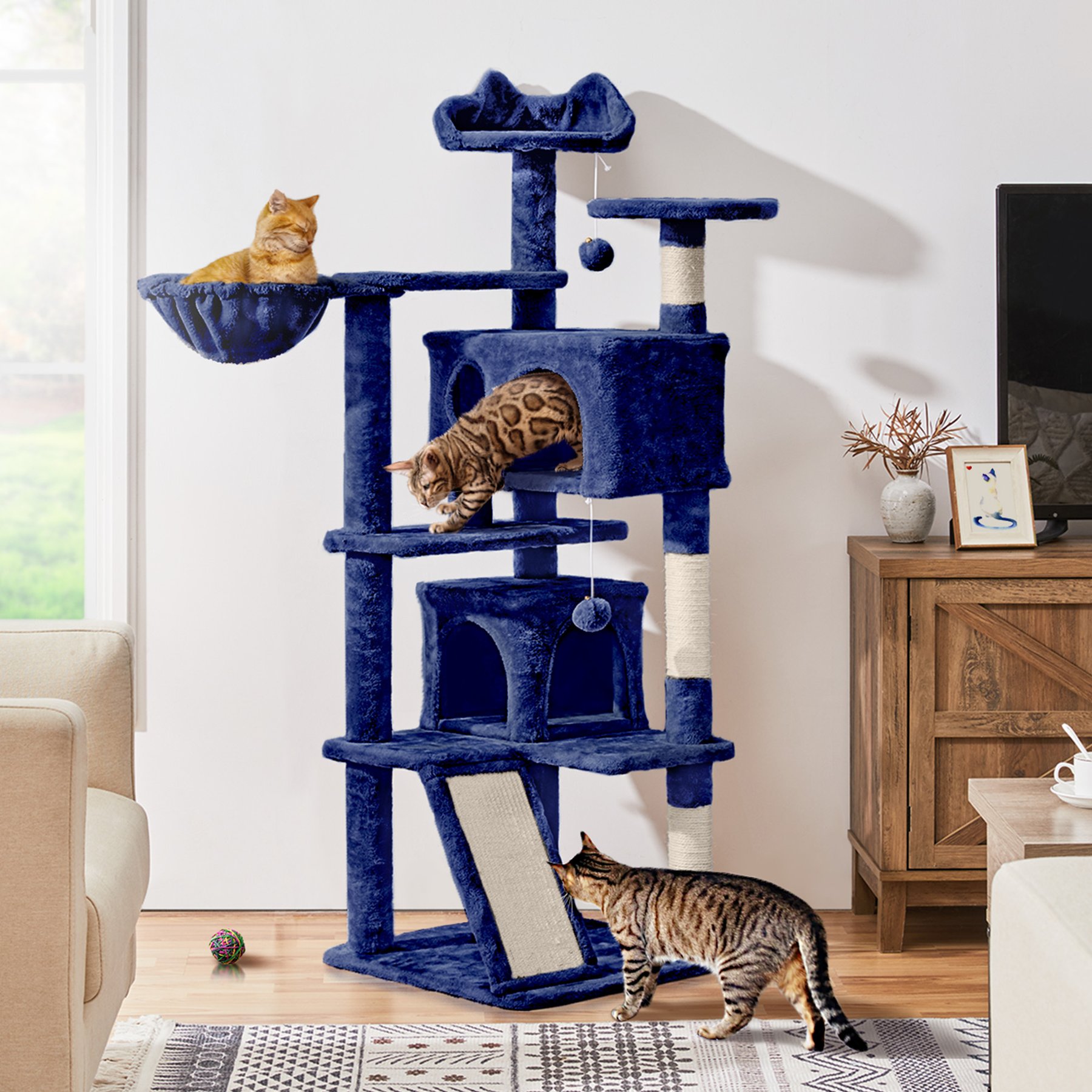 Yaheetech 57-in Plush Cat Tree, Navy Blue