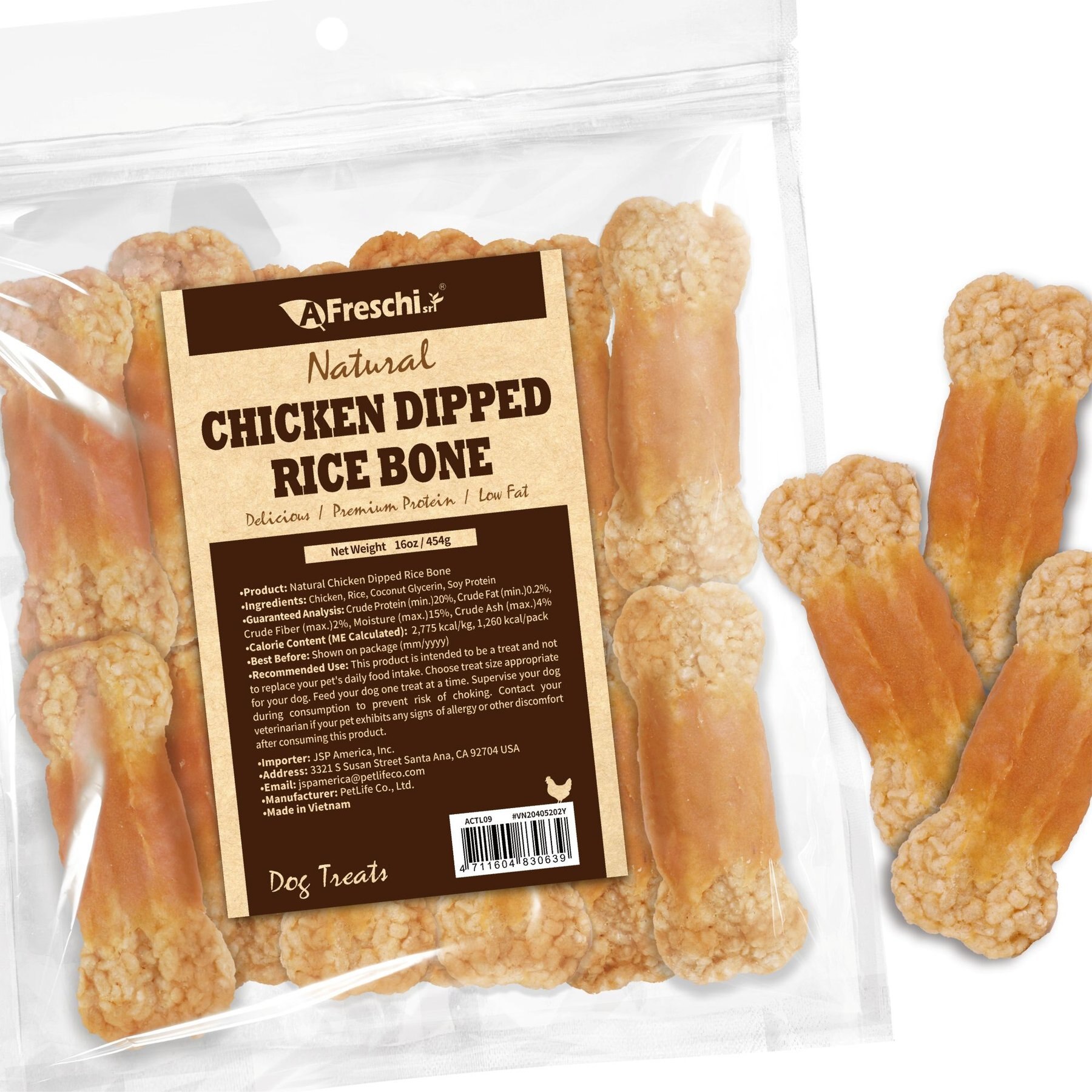 AFreschi Natural Chicken Dipped Rice Bones Human-Grade Jerky Dog Treats, 24-oz bag