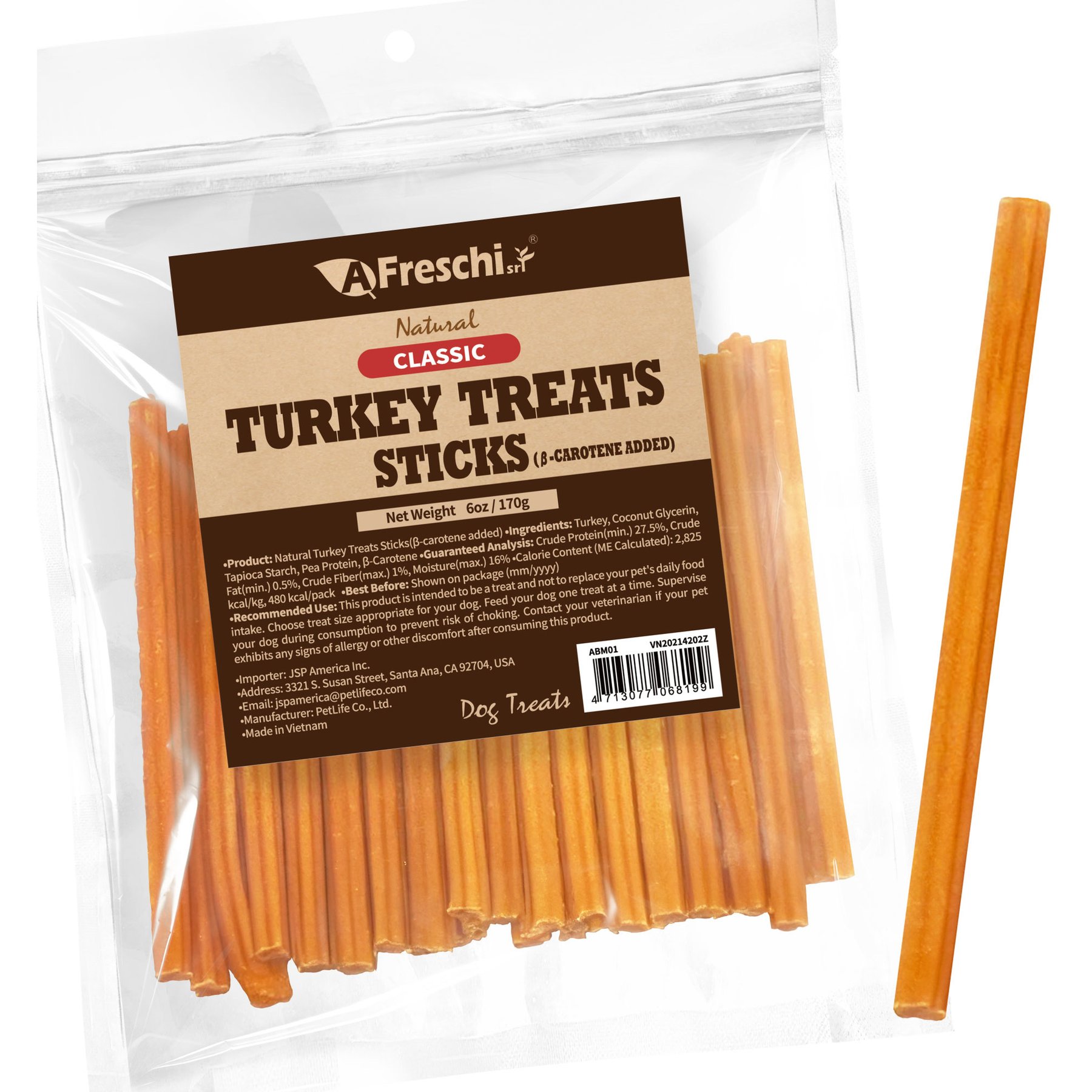 AFreschi Natural Turkey Sticks with B-Carotene Grain-Free Soft & Chewy Dog Treats, 6-oz bag