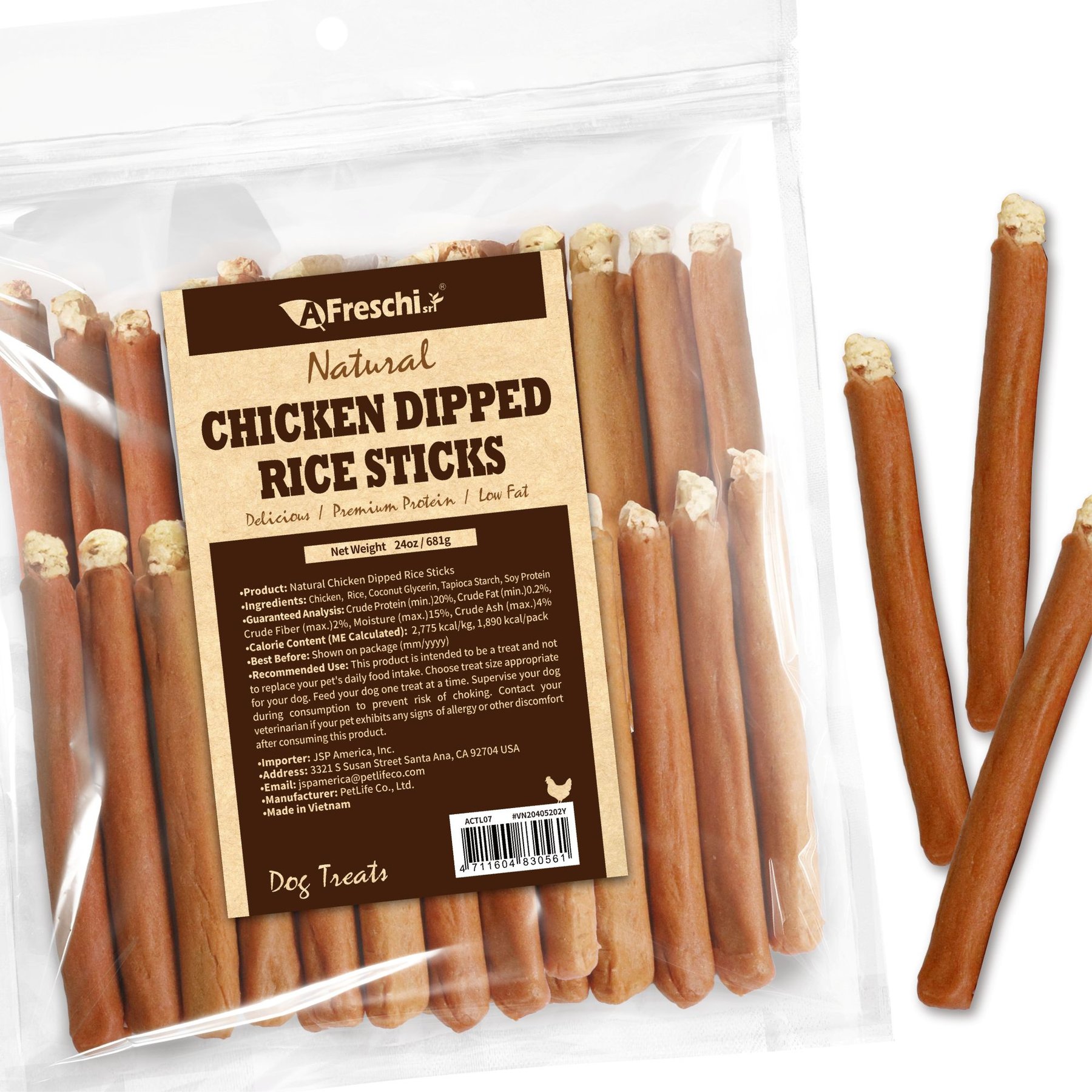 AFreschi Natural Chicken Dipped Rice Sticks Human-Grade Jerky Dog Treats, 24-oz bag