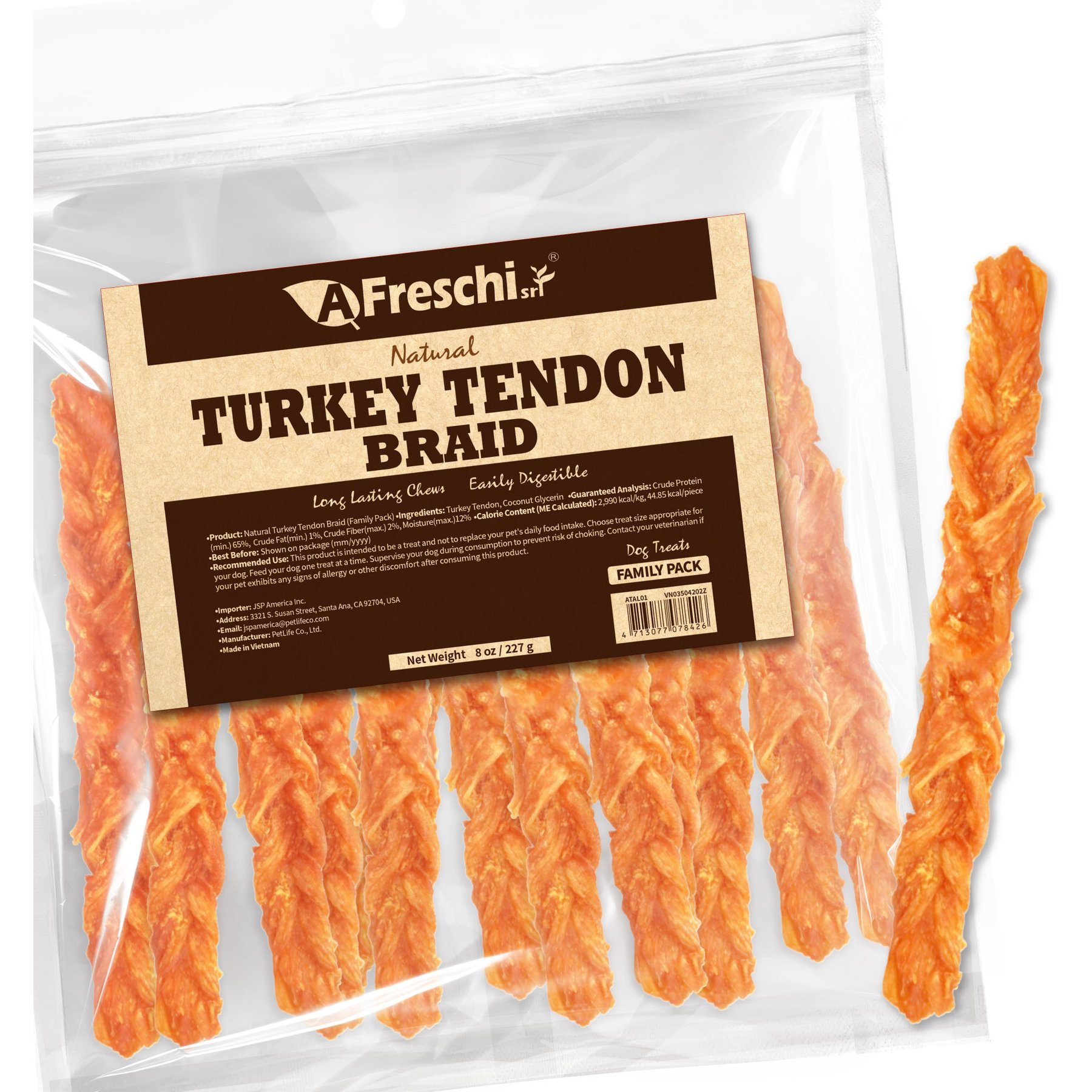 AFreschi Natural Turkey Tendon Braids Grain-Free Natural Dog Chew Treats, 8-oz bag