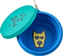 LIFE IS GOOD Rocket Face Silicone Travel Dog Bowl with Lid, Athletic Blue