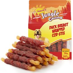 Jungle Calling Rawhide-Free Duck Wrapped Cod Sticks Dog Treats, 14-oz bag