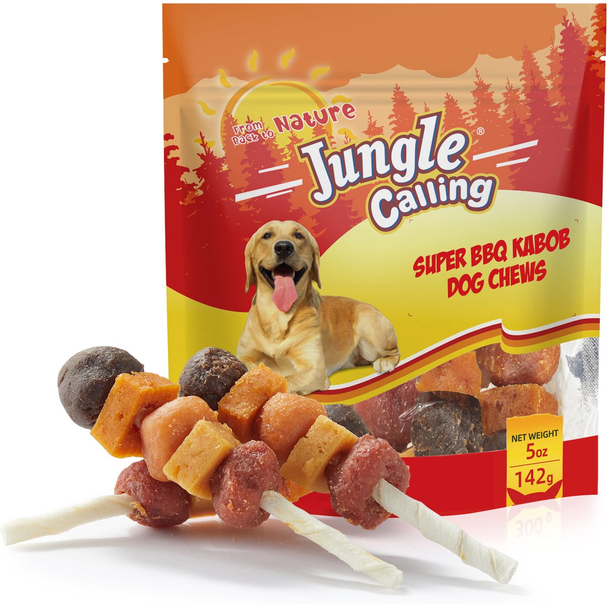 Jungle Calling Chicken, Duck, Beef, Sweet Potato & Pumpkin Rawhide Kabob Dog Treats, 5-oz bag