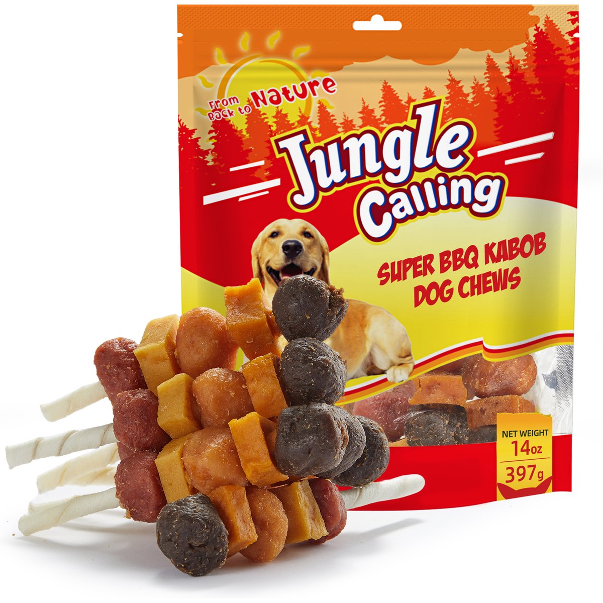 Jungle Calling Chicken, Duck, Beef, Sweet Potato & Pumpkin Rawhide Kabob Dog Treats, 14-oz bag