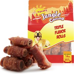 Jungle Calling Chicken, Duck & Beef Rawhide-Free Rolls Dog Treats, 14-oz bag
