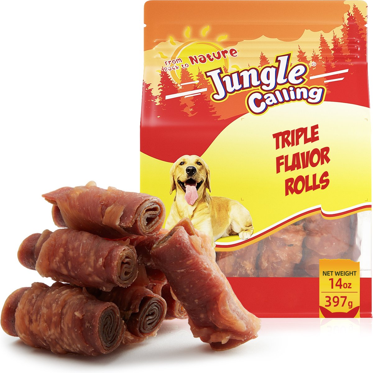 Jungle Calling Chicken, Duck & Beef Rawhide-Free Rolls Dog Treats, 14-oz bag