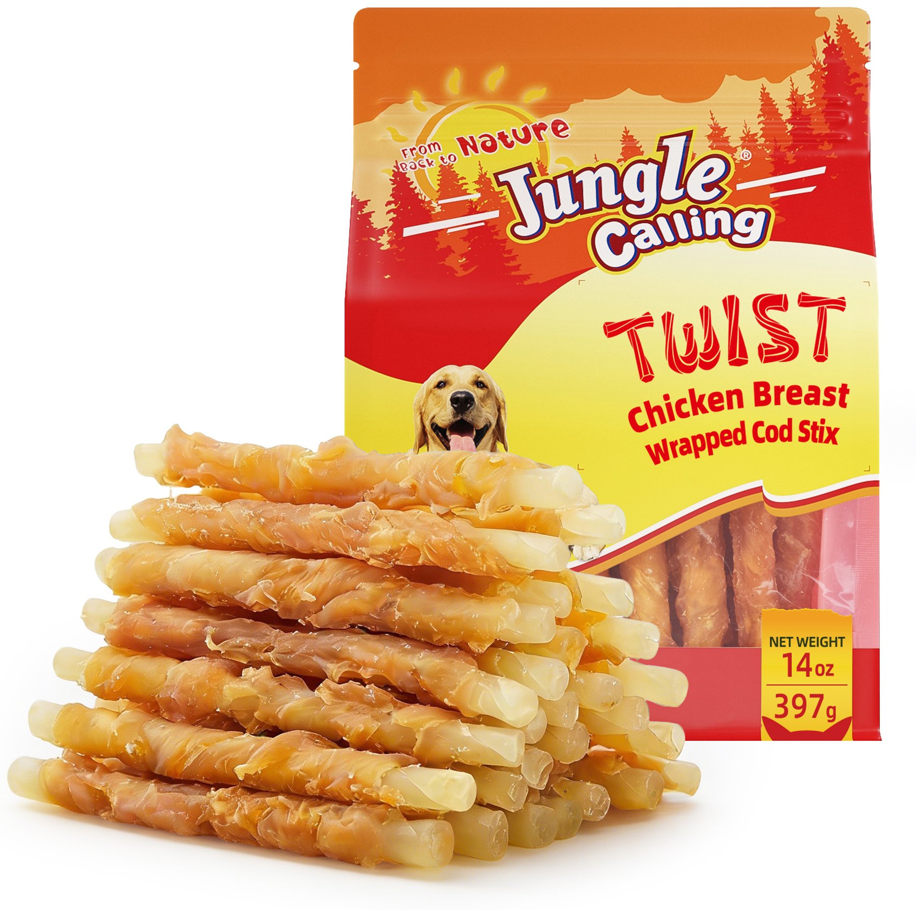 Jungle Calling Chicken Wrap Cod Sticks Rawhide-Free Dog Treats, 14-oz bag
