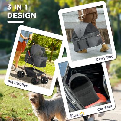 Show full view: PawHut 3 in 1 4 Wheels Stroller with Detachable Carrier with Storage Basket for Small Dogs & Cats, Gray, 29.9 x 19.7 x 40.2-in slide 4 of 9