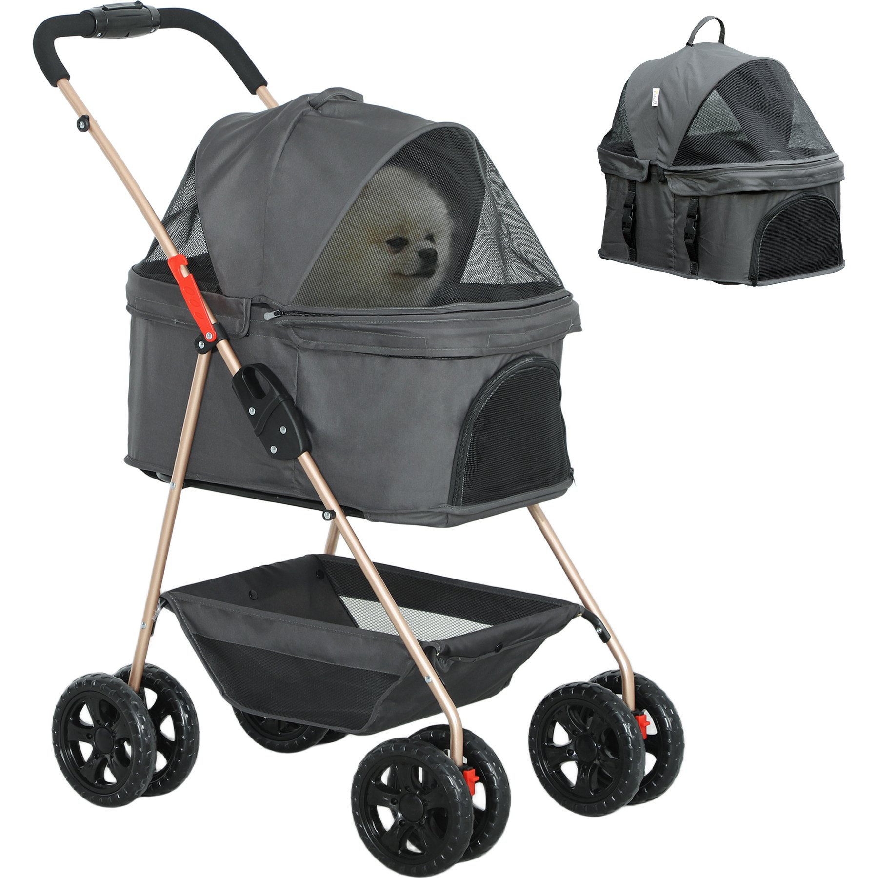 PawHut 3 in 1 4 Wheels Stroller with Detachable Carrier with Storage Basket for Small Dogs & Cats, Gray, 29.9 x 19.7 x 40.2-in