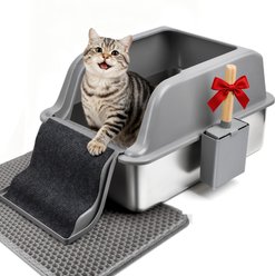 HOMAGICO High Sided Clumping Stainless Steel Covered & Odor-Free Cat Litter Box with Durable Metal Litter Pan That Resists Stains, 24 x 16 x 15.7-in