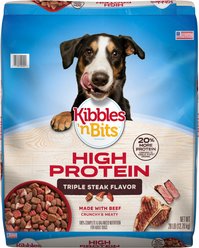 Kibbles 'n Bits Adult High Protein Triple Steak Beef Flavor Dry Dog Food, 28-lb bag