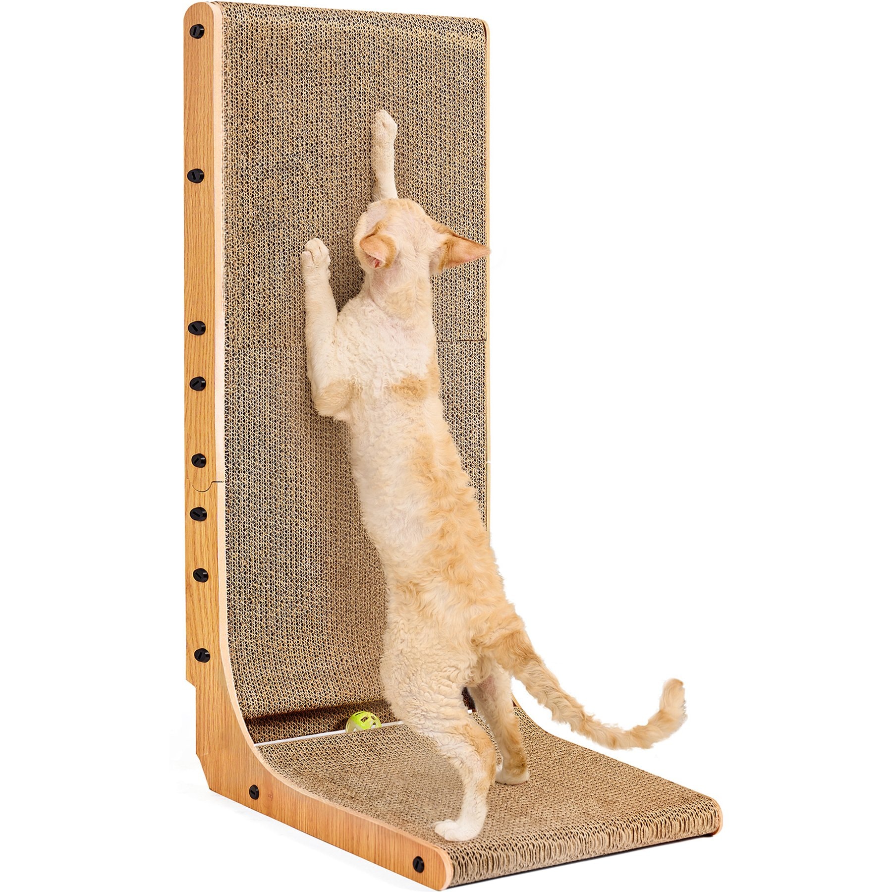 EHEYCIGA Cardboard L Shaped Vertical Cat Scratching Board with Ball Cat Toy, Brown, 17 x 13.1 x 32-in