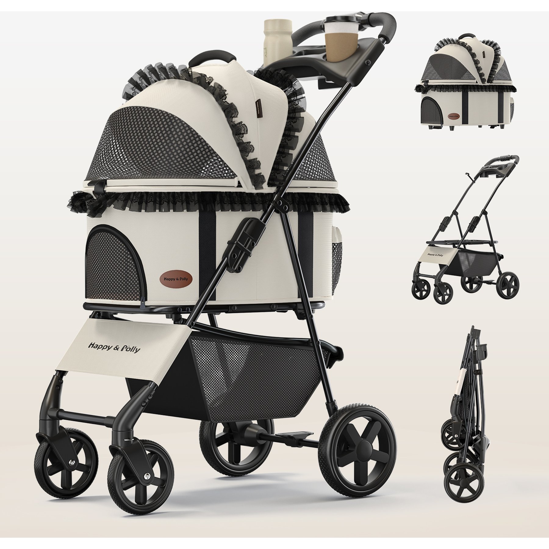 Happy & Polly Luxury Foldable Stroller with Shock-Absorbing Wheels for Small Dogs & Cats