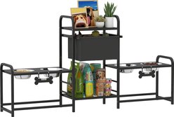 PawHut Adjustable Elevated Dog Bowls & Stand with 2 Feeding Stations & Toy Bin Basket, Black, 6-cup