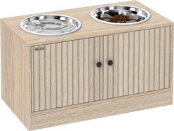 PawHut Stainless Steel Slow Feeder Elevated Dog Bowls & Stand with Storage Cabinet, Oak, 2-cup