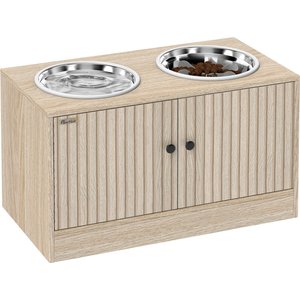 PawHut Stainless Steel Slow Feeder Elevated Dog Bowls & Stand with Storage Cabinet, Oak, 2-cup