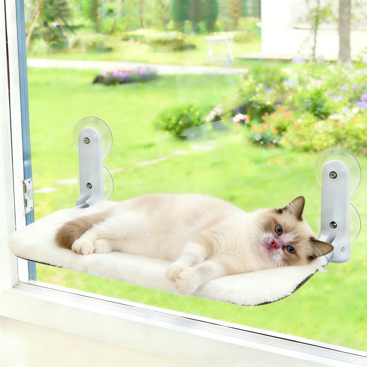 DOPZER Sturdy Metal Frame Window Perch Hammock Cat Bed, 23.5 x 11.8 x 8.2-in, Beige