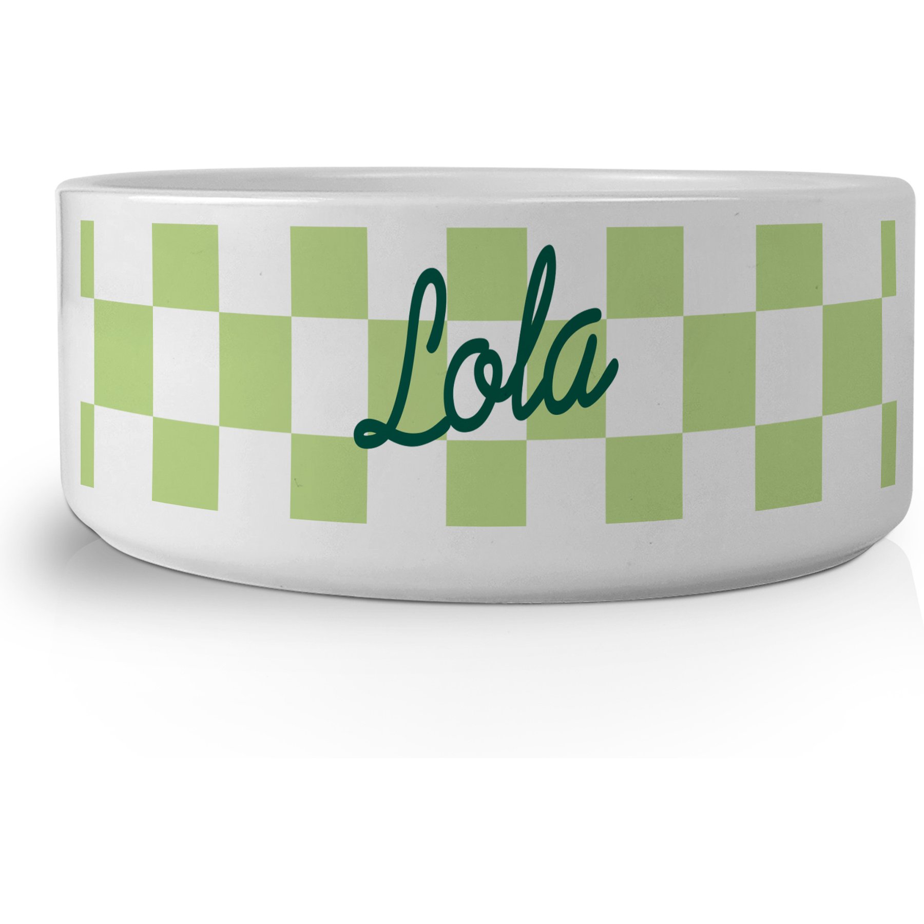 PGS Checkered Pattern with Script Name Small Pet Bowl, 7 x 2 7/8-in, Green/White