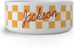 PGS Checkered Pattern with Script Name Small Pet Bowl, 7 x 2 7/8-in, Amber/White
