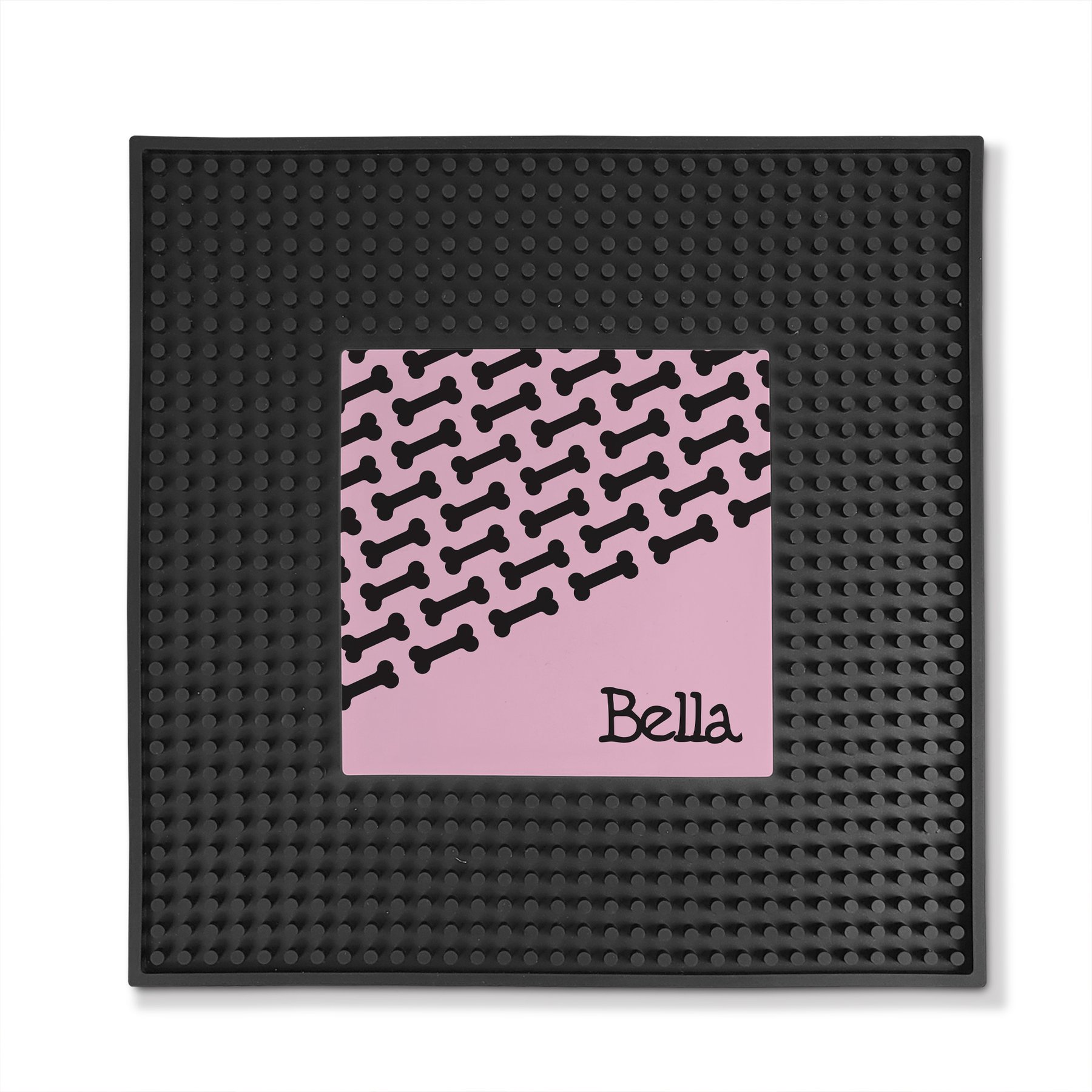 PGS Bone Pattern on Colored Background Square Printed Small Pet Mat, 12 x 12-in, Blush/Black