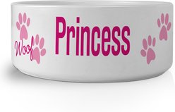 PGS Woof with Paw Print Pattern Small Pet Bowl, 7 x 2 7/8-in, Fuschia/White
