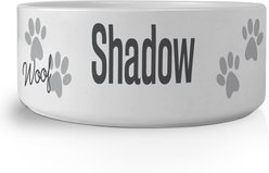PGS Woof with Paw Print Pattern Small Pet Bowl, 7 x 2 7/8-in, Charcoal/White