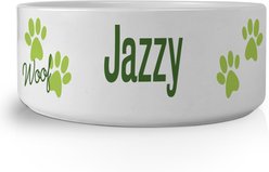 PGS Woof with Paw Print Pattern Small Pet Bowl, 7 x 2 7/8-in, Moss/White