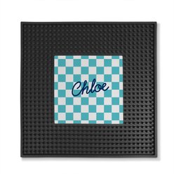 PGS Checkered Pattern with Script Name Square Printed Small Pet Mat, 12 x 12-in, Navy/Black/White